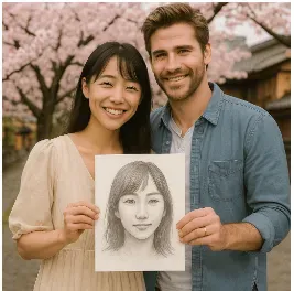 Couple holding a printed Balinese Soulmate Sketch portrait outdoors under cherry blossoms