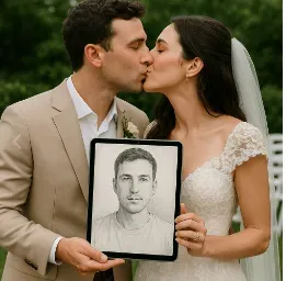 Bride and groom holding a Balinese Soulmate Sketch portrait on their wedding day
